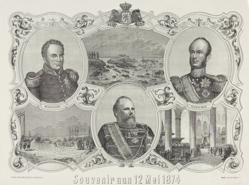 Souvenir of May 12, 1874, print, Commemorative plaque for the celebration of the 25th anniversary of the reign of King William III, May 12, 1874. Portraits of the three kings William I, II, and III. With three scenes of the arrival of William I at Scheveningen (1813), the inauguration of William II (1840), and the visit of William III to the flood-stricken regions (1861)., printmaker, printer (person), publisher, Amsterdam, Netherlands, Bodegraven, paper, tone lithography, tone lithography in black with a tone block in grey, height 500 mm x width 700 mm, Person, William I of the Netherlands, William II of the Netherlands, William III (King of the Netherlands), historical persons, Inauguration of William II as King of the Netherlands, Flood of January-February 1861, Arrival of William I Frederick in the Netherlands (1813), royal house, Period, 1849-05-12 - 1847-05-12, A large ornate engraving shows three framed portrait medallions at the top and a larger central medallion below, all con...