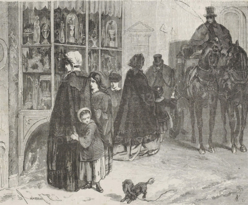 Sinterklaas Day, print, book illustration, A woman and two children are standing in front of a shop window on Sinterklaas Day. In the background, several other figures are walking and a horse-drawn carriage is passing by. In the foreground, a small dog on a leash without an owner is barking., printmaker: Arie Kunz, Netherlands, after design by Diederik Franciscus Jamin, 1835 - 1921, paper, wood engraving, letterpress printing, wood engraving and text in letterpress, height 162 mm x width 253 mm, dog, festivities on St. Nicholas (Eve) (December 5), shop-window, show-window, animal traction, animal-drawn vehicle (carriage etc.), A crowded street scene rendered in fine monochrome lines shows a group of women and children standing near a shop window filled with decorative objects under scalloped awnings; the figures wear cloaks, bonnets, and hats, and several faces are visible in profile or three-quarter view. To the right a carriage driver in a top hat and long cloak sits behind two harne...