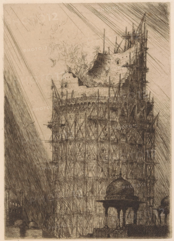 Enchanted tower, print, A tower under construction. At the upper floors several winged figures., printmaker: Marius Bauer (signed by artist), 1898, paper, etching, intaglio printmaking technique, etching with plate tone, height 181 mm x width 128 mm, tower, clock tower, monumental adornment, fabulous beings with wings, A tall stone structure with scaffolding covering its façade rises up the image, the upper portion showing rough, broken masonry and jagged edges while the lower sections are obscured by a dense lattice of wooden poles and crossbeams; delicate arched openings and ornamental details are visible near the top of the scaffolded area, and a domed pavilion with slender columns stands in the foreground at the base, its curved roof contrasting with the straight lines of the supports; diagonal hatch marks and shaded strokes fill the background and edges, and wispy sketch lines suggest crumbling surfaces and scattered debris near the upper ruin.