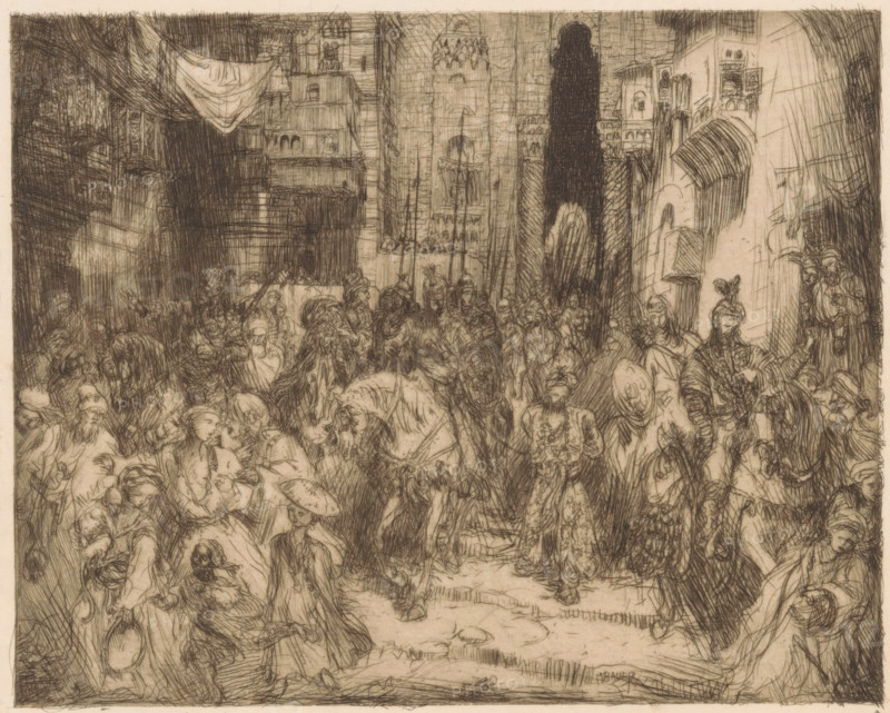 Aladdin, print, A man in Oriental clothing with his hands tied behind his back is being led down the street by a group of horsemen. Around them a crowd of people., printmaker: Marius Bauer (signed by artist), 1893, paper, etching, intaglio printmaking technique, etching with plate tone, height 139 mm x width 168 mm, tales and fairy tales: One Thousand and One Nights, A densely detailed ink drawing shows a crowded interior scene with many figures gathered in an architectural space of arches, columns, balconies, and tall doorways; the composition is filled with overlapping people in varied postures, some wearing elaborate headdresses or helmets and holding shields, others in robes or cloaks, and several seated or bending. The surrounding architecture includes carved stonework, recessed niches, vaulted openings, and layered balconies with small groups of observers, while draped fabric hangs above part of the scene. In the foreground people cluster tightly, some embracing or leaning toward...
