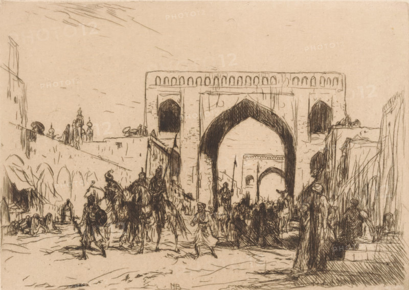 Two city gates in Hyderabad, print, A street with two city gates in Hyderabad in British India. On the street various horsemen., printmaker: Marius Bauer (signed by artist), 1899, paper, etching, intaglio printmaking technique, etching with plate tone, height 127 mm x width 177 mm, riding a horse, ass, or mule, rider, horseman, city-gate, South India, Andhra Pradesh, Deccan, Hyderabad, A detailed sepia-toned sketch shows a large arched gateway set into a rectangular wall with smaller arched openings along its upper edge, flanked by high walls and adjacent architectural elements; numerous loosely drawn figures populate the foreground, some mounted on horses and others standing or walking, many wearing flowing garments and head coverings; clusters of people gather near the gateway and along the surrounding walls, with a few taller figures carrying long poles or standards; on the left, a sloped wall leads up to ornamental turrets and domed shapes, while on the right tall vertical forms an...