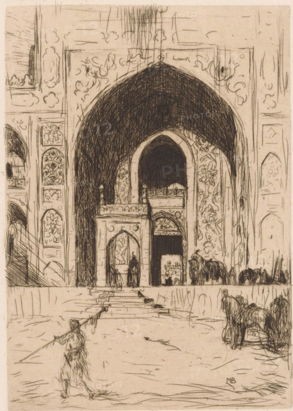 Mosque in British India, print, View of the entrance of a mosque in British India., printmaker: Marius Bauer (signed by artist), 1898, paper, etching, intaglio printmaking technique, etching with plate tone, height 180 mm x width 128 mm, temple, shrine, Islam, Mohammedanism, British India, A detailed ink drawing shows a large ornate archway with intricate floral and geometric decorations on the surrounding walls. Inside the arch a smaller doorway and elevated platform with carved balustrades are visible, and figures stand near and beneath the openings. Steps lead up toward the arch from a foreground area where a lone figure walks carrying a long pole. To the right of the arch a group of figures and animals, including pack animals, gather near the entrance. The drawing features dense crosshatching in the arch interior, decorative panels flanking the arch, and fine, sketchy lines indicating floor patterns and distant architectural details.