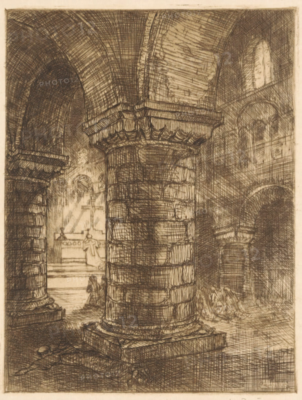 Lying monk in a church, print, book illustration (design), printmaker: Jan Poortenaar (signed by artist), 1896 - 1922, paper, etching, intaglio printmaking technique, height 160 mm x width 122 mm, interior of church, lying face downwards, A detailed pen-and-ink interior scene shows a large stone column in the foreground with a fluted base and layered stone blocks, supporting a broad arching vault above. Arched openings and niches recede into the background, with cross-hatching shading that defines curved ceilings and deep shadows. Steps and raised platforms are visible beyond the column, with an altar area partially illuminated and a draped cloth hanging nearby. A small human figure kneels on the floor near the base of the steps, and another indistinct figure is nearby. Tall, narrow windows admit bright light that contrasts with the darker, textured stonework. The floor shows scattered debris and heavy linear shading, and decorative molding runs along the tops of the arches. Overall th...