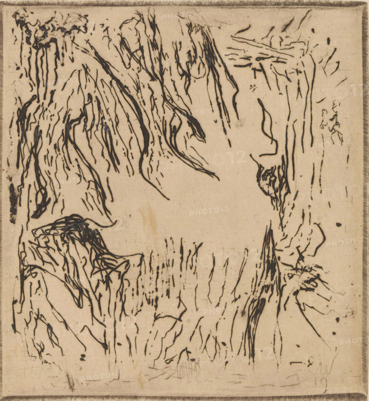 Abstract composition, print, printmaker: Erich Wichmann, 1919, paper, etching, intaglio printmaking technique, etching with plate tone, proof print, height 113 mm x width 104 mm, Print possibly inspired by poems by Charles Baudelaire and Paul Verlaine., Abstract, Non-representational Art, A beige rectangular surface fills the image with a narrow darker border along its edges, covered in thin, irregular black lines and ink-like marks that meander, loop, drip, and cluster across the surface; some marks form denser tangled groups while others are sparse, with vertical streaks, curved strokes, and short dashes, and faint scratches and smudges are visible in the background.