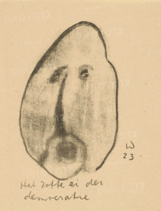 The Mad Egg of Democracy (original title on object), Idealists II and Further Notes (original series title), print, Egg-shaped head with open mouth., printmaker: Erich Wichmann, 1923, paper, lithography, height 175 mm x width 135 mm, caricatures (human types), democracy, 'Democratia' (RIPA), A charcoal or pencil sketch of an elongated, irregularly oval face with shaded contours on a tan paper background, showing two small, darkened eye shapes with subtle highlights, a long shaded vertical area suggesting a narrow nose, darker shading around a small mouth area, and a heavy outline tracing the face perimeter.