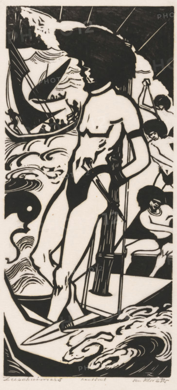 Sea Buccaneers (original title on object), print, A sailing ship filled with pirates. In the foreground, a standing man wearing a dagger on his hip. A spear lies at his feet. In the background, two more pirate ships and a cliff., printmaker: Johannes Frederik Engelbert ten Klooster (signed by artist), c. 1924, printer (person), paper, transparent paper, woodcut, height 335 mm x width 245 mm, weapons, pirate(ship), man (showing himself) undressed, quasi-nude, A tall stylized black-and-white woodcut-like scene shows a central standing nude figure with dark curly hair facing right, holding a long pole or mast and standing on a narrow platform or boat, surrounded by swirling waves and abstracted water patterns. To the left, a sailing boat with a triangular sail and several silhouetted figures is depicted against a background of more waves and cloud-like shapes. Smaller figures with similar dark hair appear behind and around the central figure, some seated and some holding ropes or poles. S...