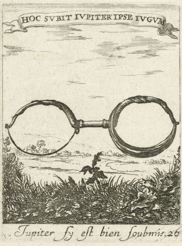 Landscape with yoke, Devises et emblesmes d'amovr moralisez, Moralizing love emblems, print, Series number, 26, 50, A landscape with a yoke. In the foreground low plants and grass. On a banner a motto in Latin and a caption in French, both about love., printmaker: Albert Flamen, Paris, publisher: Etienne Loyson, grantor of privilege: Louis XIV (King of France), France, 1672, Albert Flamen, Etienne Loyson, Louis XIV (King of France), printmaker, publisher, grantor of privilege, paper, etching, height 86 mm x width 65 mm, Qualities of Love: first series (emblematical representation of concept), A detailed black and white engraving shows a large pair of round spectacles suspended in the upper half of the image, with textured rims and a short straight bridge connecting the lenses; faint horizontal hatch marks appear in the sky area above and between the lenses. Below the spectacles is a landscape with grass, low shrubs, and small rolling hills, depicted with fine line work and dense foliag...