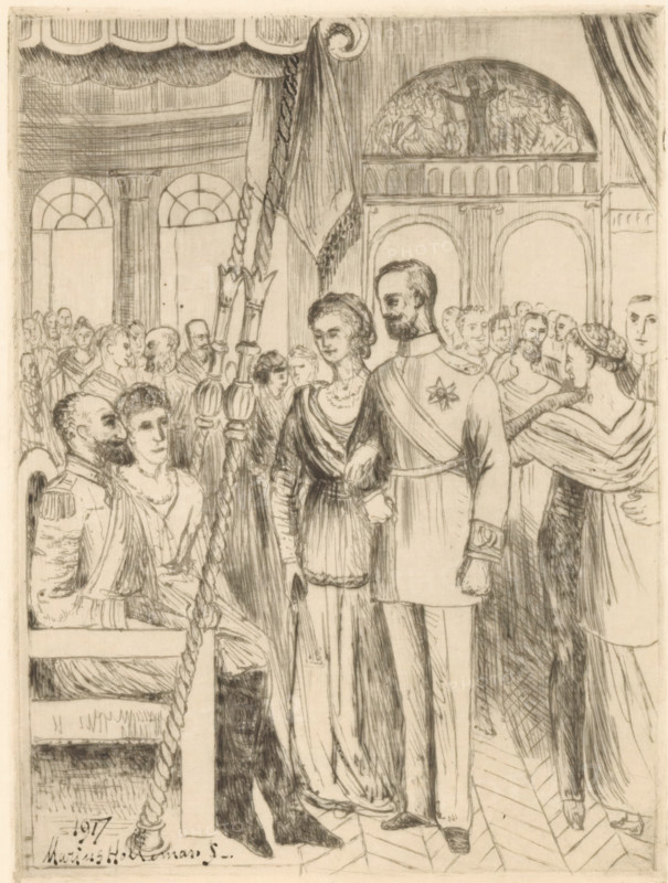 Couple before the wedding in the church, Solemn event in the life of Bellerophon (former title), print, A man and a woman stand arm in arm in front of a couple seated under a canopy. In the background, dancing people., printmaker: Marius Holleman, Groningen (city), 1917, paper, etching, second pen-drawing method, height 160 mm x width 119 mm, dancing at wedding feast, A pencil or ink drawing of a crowded interior scene showing figures in formal dress standing and seated beneath an ornate ceiling and archways, with large arched windows in the background and a decorative semicircular relief above one arch; a central couple stands arm in arm, the woman wearing a dress and the man wearing a uniform with a sash and a star-shaped decoration, surrounded by attendants and onlookers, some seated and some standing near a rope or braided cord and ornamental poles, with drapery at the sides and a patterned floor beneath their feet.