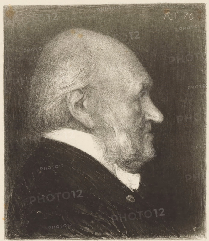 Portrait of Nicolaas Beets, Famous contemporaries, print, signature: 'Jan Veth', printmaker: Jan Veth, 1891, paper, lithography, proof, height 383 mm x width 330 mm, This print was published as a supplement to De Amsterdammer on March 8, 1891., Person, Nicolaas Beets, historical persons ((full) bust portrait), A monochrome side-profile portrait of an elderly man showing his head, face, ear, and upper torso against a dark background, with detailed pencil or charcoal shading emphasizing the texture of his thinning hair, receding forehead, prominent nose, and beard; he wears a dark coat over a light collar and there is visible shading and highlights creating contrast between his skin, hair, and clothing.