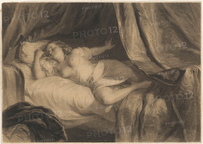 Half-naked sleeping young woman, print, The woman lies in a bed. Heavy pieces of fabric hang from the ceiling around the bed., 1809 - 1899, printmaker, paper, tone lithography, tone lithography in black with tone block in beige, height 175 mm x width 243 mm, bed, adolescent, young woman, maiden, sleeping in bed, (almost) naked, ascetic life, A reclining figure lies on a bed with rumpled sheets and pillows, one arm bent under the head and the other extended outward; the figure's torso and legs are partially exposed beneath a loosely draped garment, and long hair fans across the pillow. Heavy, textured drapery surrounds the bed, creating deep folds and shadows above and beside the figure, and the overall image is rendered in soft, shaded tones with visible pencil or charcoal strokes.