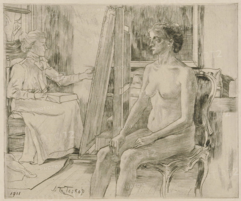 The model (original title), Artist working from a female nude model, print, printmaker: Jan Toorop (signed by artist), 1901, paper, drypoint, intaglio printmaking technique, drypoint with plate tone on zinc, height 131 mm x width 158 mm, The artist is probably Riet van Houten, whom Toorop also depicted in 'In 't atelier', and in 'De pianiste', Person, Riet van Houten, painter working from nude model, A pencil or charcoal drawing shows two women in an interior scene separated by an easel; one woman sits clothed on the left with her hair pulled back, holding drawing tools and a box while facing the easel, and the other woman sits unclothed on the right on an ornate chair, facing slightly away with a calm expression and hands resting on her legs; vertical shading and window-like structures appear behind them, with drapery and simple furniture visible around the figures.