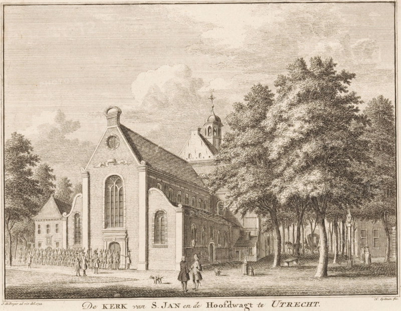 The Church of St. Catherine in Utrecht, View of the Catharine Church in Utrecht, print, book illustration, printmaker: Jan Caspar Philips, Amsterdam, after drawing by Jan de Beijer, publisher: Isaak Tirion, 1744 - 1758, paper, etching, engraving, height 175 mm x width 214 mm, Print also used in: Present State of the United Netherlands, eleventh part, containing a description of the province of Utrecht. Decorated with maps, plans of the cities and print illustrations, Contemporary History, or Present State of All Nations, 1758, between p. 376 and p. 377., church (exterior), Utrecht, Catharijnekerk, A detailed ink engraving shows a large church with tall arched windows and a steep roof, its facade featuring decorative scrolls and a small round window near the gable, adjacent to smaller buildings; a tower with a domed top and a weather vane rises behind the church. In front of the church a formation of uniformed figures stands in rows while other people walk or converse nearby, some accom...
