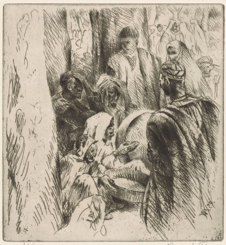 Arab company, print, inscription: '7h w8', printmaker: Adolphe Marie Timothée Beaufrère (signed by artist), France, 1929, paper, etching, drypoint, intaglio printmaking technique, height 216 mm x width 200 mm, forest, wood, Africans, A sepia-toned etching shows a group of robed figures gathered under tall trees, their faces rendered with fine crosshatching and varied expressions; one central figure stands with a bowed head and a cloak draped over the shoulders, another figure in the foreground wears a wrapped head covering and a cloak seen from the back, while other seated or leaning figures reach out or gesture with visible hands and outstretched arms; the background contains more hooded silhouettes among vertical tree trunks and textured foliage, and the ground and clothing are detailed with dense diagonal and curved etched lines.