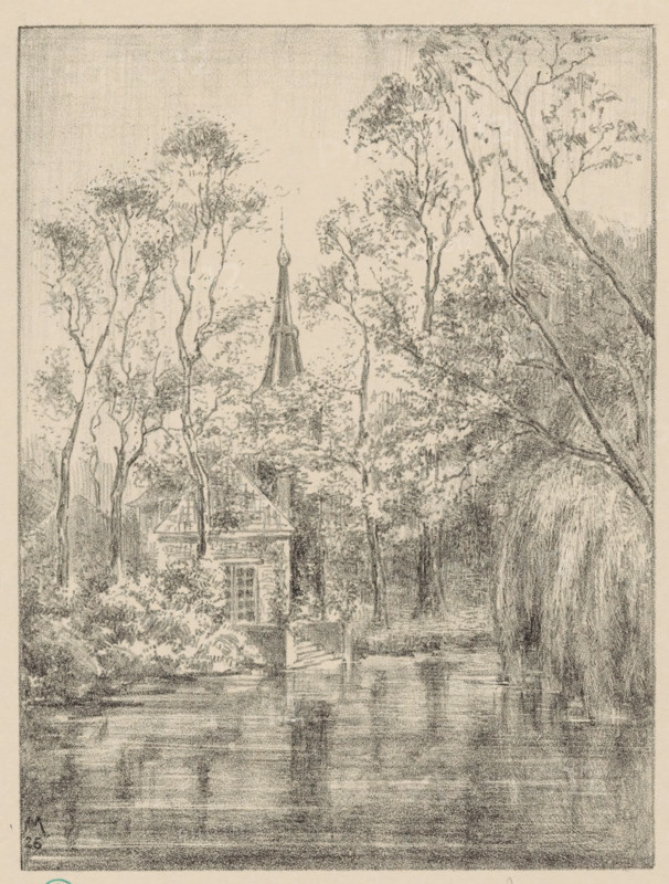 De Werve (original title), Country house Huis te Werve by pond, Old country estates around The Hague (original series title), print, The tower of Huis te Werve can be seen behind trees., printmaker: Simon Moulijn (signed by artist), 1926, paper, lithography, height 423 mm x width 298 mm, Print used for: Moulijn, Simon and Gelder, Hendrik Enno van. Old country estates around The Hague. The Hague: Municipal Administration, 1929., country-house, garden pond, Voorburg, Huis te Werve, A monochrome pencil drawing shows a quiet wooded scene with tall, slender trees framing a small building partially hidden among foliage, a pointed steeple rising behind the trees, and a narrow path or steps leading down toward a reflective body of water in the foreground. The trees have delicate, lacy leaves and varied trunk textures, and dense shrubs and plants cluster near the building and water’s edge. The surface of the water shows soft horizontal shading and faint reflections of the trees, and the overall...