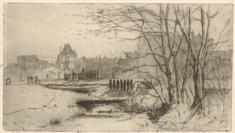 Spring (original title on object), print, Bare trees by a ditch. In the background the silhouettes of houses., printmaker: Willem Adrianus Grondhout (signed by artist), 1888 - 1931, paper, etching, intaglio printmaking technique, height 104 mm x width 186 mm, spring landscape, landscape symbolizing spring (the four seasons of the year), small canal, ditch, A monochrome etching showing a riverside scene with bare, leafless trees in the foreground on the right, their trunks and slender branches drawn with fine, dark lines. Along the bank beneath the trees there are tangled brush and grasses rendered with cross-hatching, and a small inlet or channel of water cuts inward from the lower edge. Across the middle distance a line of vertical posts or stakes projects from the shore, and low, receding terrain leads toward distant buildings. On the far side of the water a cluster of architectural forms with pitched roofs and blocky silhouettes is visible through a soft, misty layering of horizonta...
