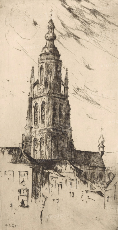 Tower of the Grote Kerk in Breda, Nieuwe Kerk in Delft (former title), print, printmaker: Willem Adrianus Grondhout (signed by artist), 1888 - 1931, paper, etching, intaglio printmaking technique, height 264 mm x width 136 mm, parts of church exterior and annexes: tower, Breda, Grote Kerk (Breda), A tall ornate tower with arched windows and decorative spires rises above a series of lower rooftops; the tower features a bulbous, multi-tiered top crowned by a small cross and shows detailed vertical masonry and carved window tracery. The foreground includes the outlines of adjacent buildings and sloped roofs with visible tiles and eaves, and a smaller cupola with a rounded top and cross sits on one of the lower roofs. The sky is filled with sketchy, diagonal hatch marks and light swirling lines, and the whole image is rendered in fine, dark pen or etching strokes on a light background.