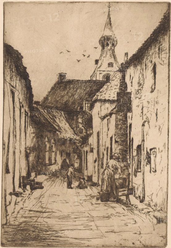 Hattem (original title), print, Figures in a street in Hattem. In the background the tower of the Grote or Andreaskerk., printmaker: Willem Adrianus Grondhout (signed by artist), 1888 - 1931, paper, etching, intaglio printmaking technique, height 212 mm x width 144 mm, street, parts of church exterior and annexes: tower, A narrow street scene rendered in fine dark lines on a light background shows tall, closely spaced buildings with steeply pitched, thatched or tiled roofs and rough textured walls; a tower with a pointed spire rises above the rooftops toward the top of the image while a few small birds are drawn near the spire; the street slopes inward and is occupied by small human figures engaged in everyday activity, including one person bending over a basin at the right and others standing or kneeling further down the lane; doorways, windows, and architectural details like chimneys and beams are sketched along the facades, and the ground is indicated by a series of parallel and int...