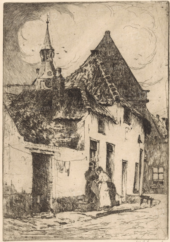 Hattem (original title), print, Two women on the street. In the background the tower of a church., printmaker: Willem Adrianus Grondhout (signed by artist), 1888 - 1931, paper, etching, intaglio printmaking technique, height 210 mm x width 147 mm, street, parts of church exterior and annexes: tower, A monochrome etching showing the exterior of old buildings with steep, textured roofs and a tall spired tower rising behind them; the roofs display detailed tile patterns and uneven edges, and a chimney and rooftop vegetation are visible. In the foreground a narrow street runs past a building with tall, dark doorways and windows, and a length of laundry hangs between structures. Two figures stand close together near a doorway, their clothing and postures sketched in fine lines. The sky is lightly engraved with swirling cloud forms and a few small birds, and the image is framed by a thin border.