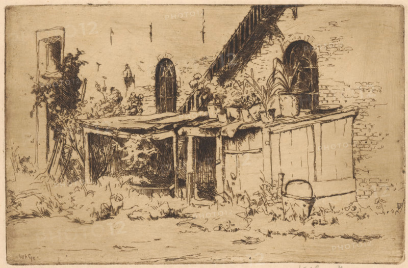 Chicken coop in a garden in Voorburg, print, Pots with plants stand on the chicken coop., printmaker: Willem Adrianus Grondhout (signed by artist), 1914, paper, etching, intaglio printmaking technique, height 120 mm x width 185 mm, potted plants, chicken house, Voorburg, A sepia-toned etching shows an outdoor scene with a low wooden structure topped by a rough cloth covering and several potted plants arranged along its top edge, including a taller plant with long leaves. In the background a brick wall contains two arched openings with wooden grills and a steep wooden staircase rising beside them. To the left a narrow door frame is partly obscured by climbing foliage and leaning boards. The ground in front of the structure is uneven with scattered grasses and small plants, and a rounded container sits near the right corner of the wooden wall. The image is rendered in fine hatched lines and subtle shading on a textured paper.