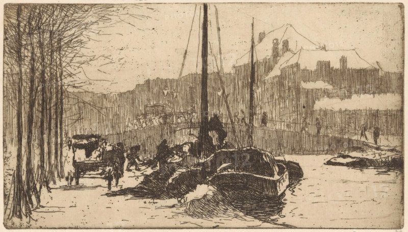 Snow in the city (original title), print, Moored boats at a snowy quay in The Hague. In the background the Wagenbrug., printmaker: Willem Adrianus Grondhout (signed by artist), 1888 - 1931, paper, etching, intaglio printmaking technique, height 106 mm x width 188 mm, snow, ships (in general), bridge in city across river, canal, The Hague, Wagenbrug, A monochrome etching showing a riverside scene with boats tied along the water's edge and tall masts rising vertically; figures stand and move along the shoreline and on a nearby bridge, some clustered near the boats and others walking along a path; bare trees with slender trunks and tangled branches line the left side, their roots and lower trunks visible; a horse-drawn cart faces toward the viewer on the path beside the trees; a distant skyline of irregular buildings and a triangular hill or mountain rises behind the bridge; the water reflects the boats and shoreline with textured lines and there are scattered small rocks and low banks at...