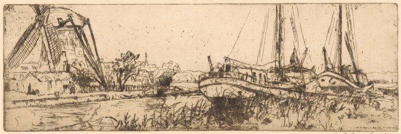 De Vliet (original title), print, A windmill along the Vliet near The Hague. Two moored ships on the right., printmaker: Willem Adrianus Grondhout (signed by artist), 1888 - 1931, paper, etching, intaglio printmaking technique, height 95 mm x width 295 mm, windmill in landscape, ships (in general), Vliet, de, A sepia-toned landscape etching shows a waterway with boats moored along the grassy bank and a larger vessel with tall masts tilted slightly to one side, its hull detailed with cross-hatching. To the left a windmill with long sails stands behind a cluster of low buildings and trees, their foliage rendered in loose, textured lines. Reeds and grasses edge the foreground beside a small, partially drawn boat at the water’s edge. The distant horizon features low hills and a faint spire, while the sky is left largely empty with scattered speckled marks.