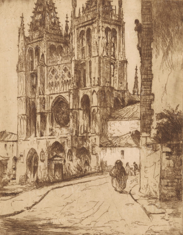 Burgos Cathedral, print, printmaker: Willem Adrianus Grondhout (signed by artist), 1888 - 1931, paper, etching, intaglio printmaking technique, etching with plate tone in brown, height 219 mm x width 169 mm, church (exterior), Castilla y León, Burgos, A sepia-toned etching of a Gothic cathedral façade and towers viewed from a street, showing pointed arches, rose window outlines, tall ornate spires, and sculpted architectural details; the street in the foreground slopes toward the building with a lone cloaked figure walking away from the viewer and a few small distant figures near the cathedral entrance; adjacent buildings and a tall narrow structure line the right side, and rough textured shading and crosshatching fill the sky and building surfaces.