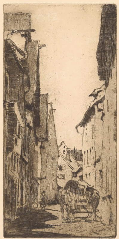 Ulm (original title on object), print, A street in Ulm, Germany with a horse-drawn cart., printmaker: Willem Adrianus Grondhout (signed by artist), 1888 - 1931, paper, etching, intaglio printmaking technique, height 234 mm x width 114 mm, street, animal traction, animal-drawn vehicle (carriage etc.), Baden-Württemberg, A narrow vertical street scene rendered in sepia tones shows tall, closely spaced buildings on both sides with steep, gabled roofs and textured facades. On the left, layered shadows and vertical lines mark windows, balconies, and overhangs, while on the right, more irregular rooflines and dripping edges are visible. Near the foreground, a horse wearing a harness stands beside a cart, its shape defined by crosshatched lines and darker shading. Further down the street, a partially visible figure walks away, and small architectural details like chimneys and window openings appear on distant buildings. The sky above is empty and pale, providing contrast to the densely etched...