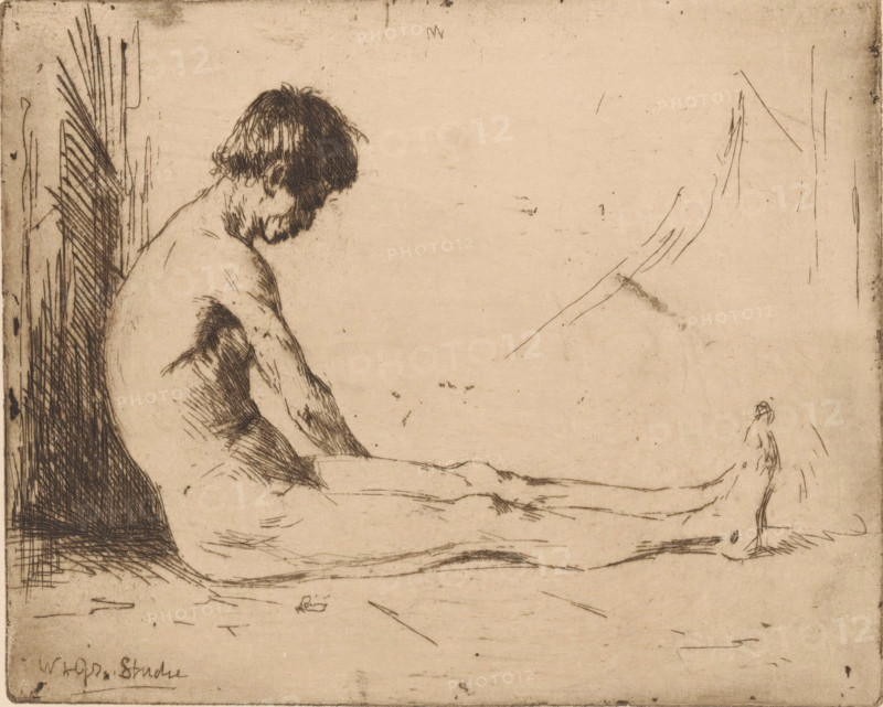 Sitting, naked man, print, printmaker: Willem Adrianus Grondhout (signed by artist), 1888 - 1931, paper, etching, intaglio printmaking technique, height 132 mm x width 161 mm, sitting on the ground, man (showing himself) undressed, quasi-nude, A sepia-toned sketch shows a nude seated figure in profile facing right with head bowed and hair shading the face, detailed crosshatched lines defining the shoulder, back, and torso, and long legs extended along the lower area of the image; a dark vertical area of dense hatch marks appears behind the figure on the left, while the surrounding space is sparsely sketched with faint lines and small scattered marks, and a small lightly drawn foot appears near the right edge.