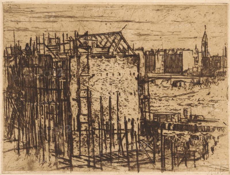 Houses under construction, print, Construction site with scaffolding for houses. On the right in the background the tower of the Boomkerk in Amsterdam., printmaker: Johannes Löhr, 1892 - 1928, paper, etching, intaglio printmaking technique, height 150 mm x width 200 mm, building-site, scaffold (, building activities), Amsterdam, Boomkerk, A sepia-toned etching showing an urban waterfront scene with densely packed vertical and angled lines suggesting scaffold-like structures and building facades, a large plain wall with textured marks near the center, a bridge or walkway crossing part of the scene, a distant skyline with rectangular rooflines and a tall pointed spire on the right, horizontal marks in the sky, and a foreground of poles, beams, and platform outlines along the water's edge.