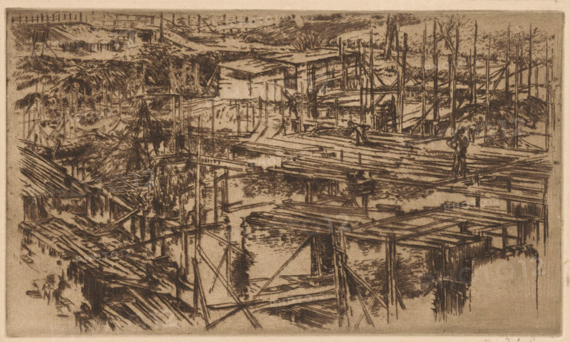 Construction pit with scaffolding, print, printmaker: Johannes Löhr, 1892 - 1928, paper, etching, intaglio printmaking technique, height 122 mm x width 217 mm, building-site, scaffold (, building activities), Amsterdam, An intricate monochrome etching of a waterside scene showing wooden piers, planks, and scaffolding extending over and along a body of water, with numerous vertical poles and beams intersecting at various angles and reflections visible on the water surface; rough grassy banks and uneven terrain rise behind the structures, and small simple buildings or sheds sit among the boards; a few human figures in work poses stand or walk on the planks, and small boats or dinghies are moored or resting near the platforms; the composition is dense with linear hatch marks and crosshatching that define texture and shadow across the wooden elements and surrounding landscape.