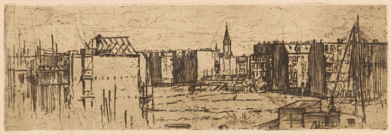 View of Amsterdam with houses under construction, print, In the foreground a construction site. In the background residences and the Boomkerk., printmaker: Johannes Löhr, 1892 - 1928, paper, etching, intaglio printmaking technique, height 100 mm x width 298 mm, building-site, city-view in general, 'veduta', Amsterdam, Boomkerk, A horizontal sketch in sepia tones shows a waterfront scene with a series of buildings and structures along the shore. On the left, there are tall, narrow posts and scaffold-like lines rising from the water, and a large blocky structure with visible vertical and horizontal hatch marks. Toward the center, rows of rectangular buildings with flat and pitched roofs form a continuous facade, interrupted by a tower with a pointed spire. The shoreline in front of the buildings is drawn with uneven, textured strokes suggesting a strip of open ground or low vegetation. On the right, a small shed or boathouse with a slanted roof sits near the water, and nearby a tall mast...