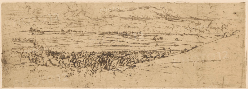 Rolling landscape with village, print, printmaker: Johannes Löhr, 1892 - 1928, paper, etching, intaglio printmaking technique, height 102 mm x width 285 mm, prospect of village, silhouette of village, low hill country, A wide, horizontal sketch of a rural landscape rendered in fine, dark lines on a light, aged background, showing low rolling hills that recede into the distance under a sky filled with wispy, curved cloud strokes; the foreground features a gently sloping hillside with scattered short grasses and a dense cluster of trees and shrubs rendered with short, textured marks, within which a few small, simple roofed structures appear; beyond the trees, open fields are indicated by long, horizontal lines and subtle variations in shading, punctuated by occasional isolated trees and small building outlines along the horizon; faint, sketchy marks and smudges are visible across the surface, giving an overall impression of a lightly worked etching.