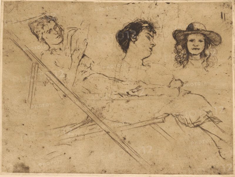 Study of a woman in a deck chair and two heads, print, Left a reading woman in a deck chair with a cat on her lap. Right a study of the head of a sleeping woman and a girl with a hat., printmaker: Johannes Löhr, 1892 - 1928, paper, etching, intaglio printmaking technique, height 150 mm x width 198 mm, adult woman, head-gear: hat, reading, girl (child between toddler and youth), cat, chair, A sepia-toned sketch on aged paper showing three loosely drawn heads near the top edge and faint outlines of arms and reclining figures below; on the left a reclining profile with short wavy hair holding a rectangular object, in the center a three-quarter profile with darker, tousled hair and a visible neckline, and on the right a frontal head with long curly hair wearing a wide-brimmed hat; scattered diagonal construction lines and light, sketchy strokes run across the page and small smudges and spots appear on the background.