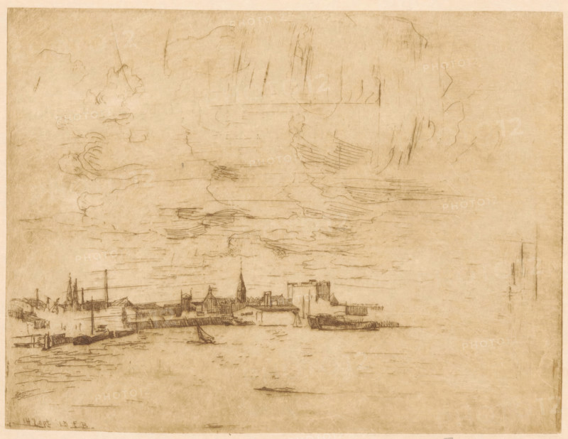 Cityscape from the water, print, Several ships in the water., printmaker: Frederika Henriëtte Broeksmit (signed by artist), 1913-09-14, paper, etching, intaglio printmaking technique, height 151 mm x width 199 mm, harbor, city-view, and landscape with man-made constructions, A wide horizontal sketch on aged paper showing a waterfront scene with a distant town skyline, simple boat outlines on the water, a steeple rising among low buildings, docks and piers, masts and rigging of ships, and sketched cloud formations filling the upper portion of the page.