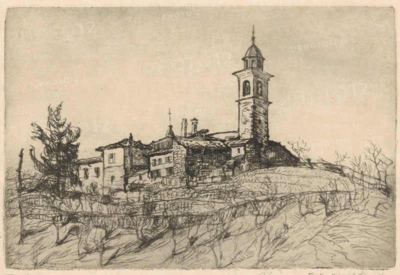 Sorengo, print, View of the Swiss village of Sorengo near Lugano., printmaker: Frederika Henriëtte Broeksmit (signed by artist), 1885 - 1931, paper, etching, intaglio printmaking technique, etching with plate tone, proof, height 133 mm x width 197 mm, city-view, and landscape with man-made constructions, A sketched landscape shows a cluster of buildings on a low hill with a tall tower rising above them, the tower topped by a small dome and a finial. The buildings have tiled roofs, chimneys, and stone or brick facades rendered with crosshatching and fine lines. In front of the structures, the ground slopes down with textured lines suggesting grass, earth, and low vegetation. To the left, a tall, narrow tree with irregular branches stands near the buildings, and to the right sparse leafless branches and shrubs appear on the hillside. The sky is empty and lightly shaded, forming a pale backdrop to the detailed foreground.