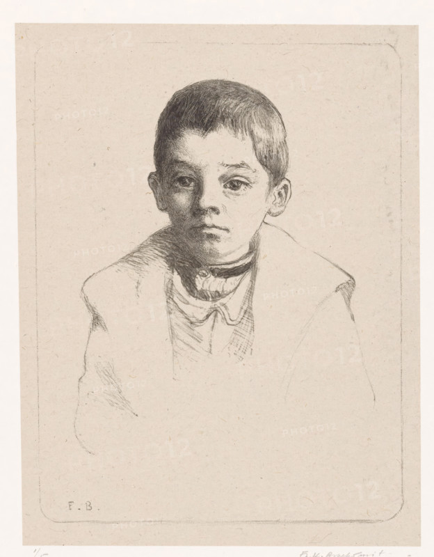 Portrait of an unknown boy from Schoorl, Jochie in Schoorl (original title), print, printmaker: Frederika Henriëtte Broeksmit (signed by artist), c. 1904, paper, lithography, lithografie, height 237 mm x width 183 mm, boy (child between toddler and youth), anonymous historical person portrayed, A lightly sketched portrait of a young boy seen from the chest upward, rendered in thin dark lines on a light beige background, showing short hair, slightly downcast eyes, a straight nose, and closed lips with subtle shading on the cheeks and neck; he wears a high-collared shirt with a loosely knotted scarf or bow at the throat and a broad-shouldered coat suggested by faint contour lines, all contained within a framed rectangular border with rounded corners and sparse surface texture on the paper.