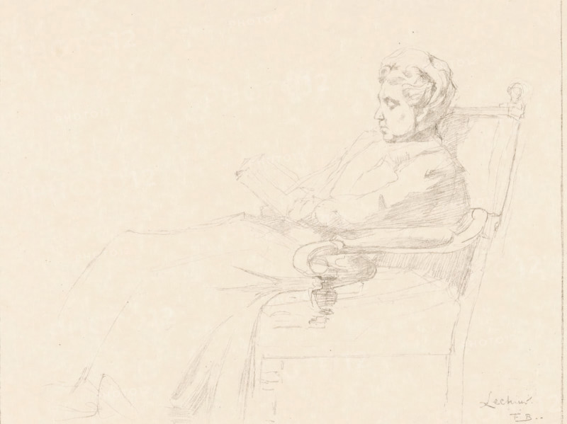 Portrait of a woman, identified by VJ-DvH, print, Portrait of a woman reading a book in a chair., printmaker: Frederika Henriëtte Broeksmit (signed by artist), c. 1905 - c. 1908, paper, lithography, height 210 mm x width 270 mm, Title based on information from the inventory book., historical persons - BB - woman, reading, A faint pencil sketch on light paper shows a seated older woman in profile facing right, her hair styled and her facial features softly rendered, wearing a high-collared garment and holding an open book or similar object in her lap; the chair she sits in has a carved armrest and a tall back with a rounded finial, and light, loose pencil lines indicate folds of fabric and the outline of her body and the chair against an otherwise empty background.