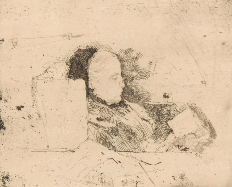 Portrait of Mrs Wilhelmina, print, A seated woman with glasses reading a book., printmaker: Frederika Henriëtte Broeksmit (signed by artist), 1885 - 1931, paper, etching, intaglio printmaking technique, height 142 mm x width 170 mm, Person, Wilhelmina Maria Broeksmit-van Peski, historical persons - BB - woman, reading, A faint, sepia-toned sketch of a person reclining with a pillow behind their head, rendered with fine, crosshatched lines and scattered smudges and scratches across the background, showing the person's head turned slightly to the side with subtle facial features and hair, a dark shaded area behind the head, loosely drawn clothing with linear shading, and various small marks and blemishes on the paper surface.