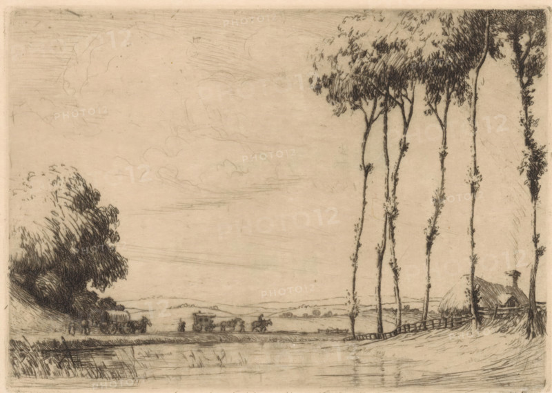 Landscape with covered wagon and caravan, print, A covered wagon and a caravan are being pulled by several horses on a country road along the water. On the left in the foreground, six trees in front of a fence and a farm., printmaker: Jan Daum (signed by artist), c. 1915, paper, etching, intaglio printmaking technique, height 124 mm x width 175 mm, farm or solitary house in landscape, groups of trees, four-wheeled, animal-drawn vehicle, eg: cab, carriage, coach, A wide, pale landscape sketch showing a calm body of water in the foreground with reflected vertical lines, a low grassy bank and reeds along the edge, a line of tall, slender trees with sparse foliage rising on the right side, and a cluster of dense, rounded trees on the left. A small thatched-roof cottage sits near the right trees behind a curved fence, and a horse-drawn carriage and wagons travel along a distant road toward the center, with tiny standing figures nearby. The sky is lightly sketched with faint cloud shapes and...