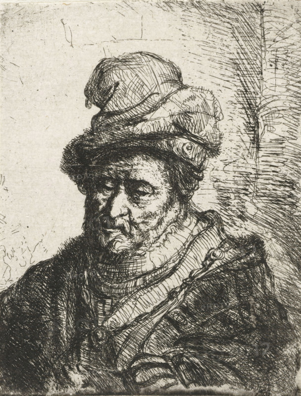 Bust of a philosopher, print, Bust of a man with a cap., printmaker: attributed to Karel van der Pluym, Netherlands, printmaker: manner of Rembrandt van Rijn, 1635 - 1672, Attributed to, Manner of, paper, etching, height 94 mm x width 71 mm, scholar, philosopher, historical persons (portraits and scenes from the life) (three-quarter view portrait), A detailed black and white line etching of an older man shown from the chest upward wearing layered clothing and a soft, folded hat, his face rendered with closely spaced, expressive hatch marks that depict a mustache, beard, drooping eyelids, and a downward gaze; the hat sits atop a textured band and the clothing includes a collar and a strap with a circular fastener, all sketched with dense crosshatching, while the background shows vertical and diagonal etched lines and areas of lighter scratch marks.