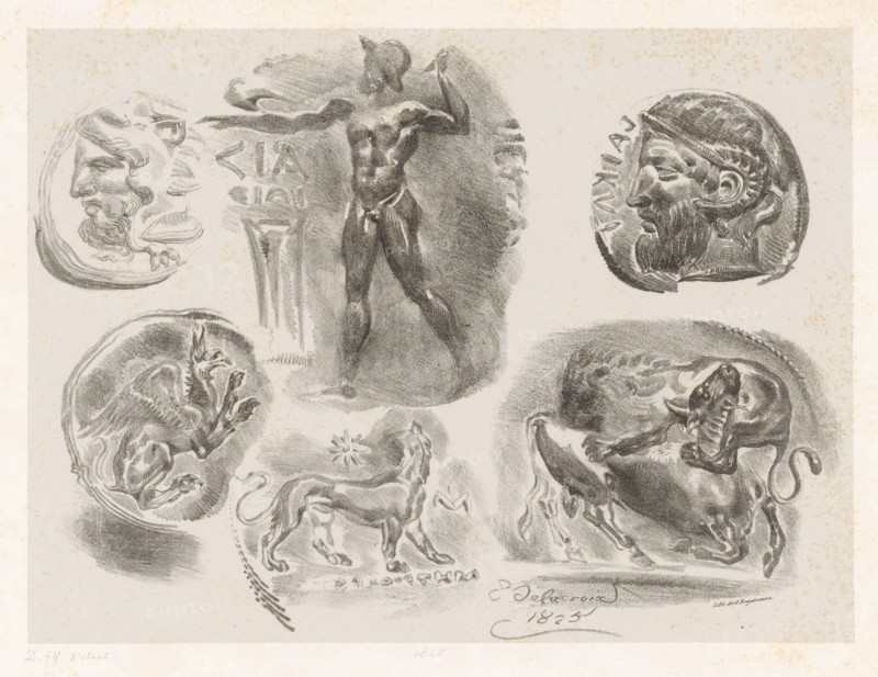 Studies of six antique medals, print, stamp: 'Lemercier, Imps. lithographe à Paris, État de la pierre.', printmaker: Eugène Delacroix, Paris, printer (person): Gottfried Engelmann, printer (person): Lemercier, Imprimerie, 1825, printer (person), paper, chine collé, lithography, height 398 mm x width 560 mm, height 195 mm x width 263 mm, medal (considered as a piece of sculpture, regardless of its specific function), A sheet with multiple pencil or charcoal sketches on a light background showing a central standing male figure with outstretched arms and a cloth at the waist, flanked by circular coin-like profiles of bearded male heads, several animal figures including a winged creature curled inside a circular frame, a snarling bull or bovine in a dynamic pose, and a walking lion with a small star-like motif nearby, all rendered in shaded, textured strokes with visible paper speckling around the edges.