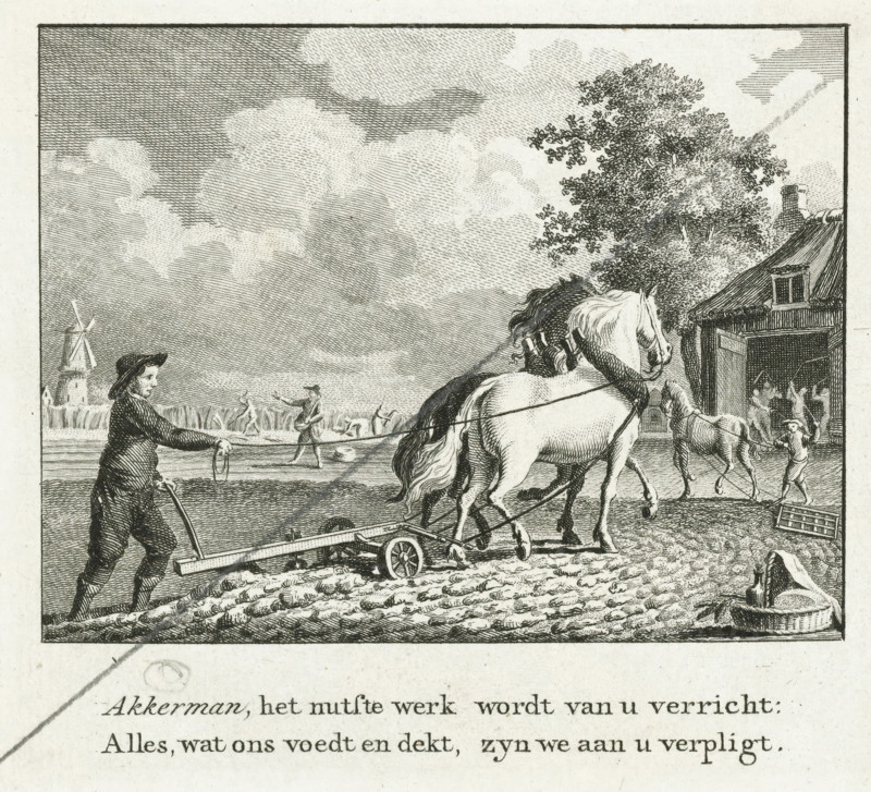 Farmer with plow and two horses, print, book illustration, Illustration for the letter A in the 'Vaderlandsch AB boek, voor de Nederlandsche jeugd' by JH Swilden. A 'farmer' is working the land with two horses and a plow. In the back right, in a barn, the grain is being threshed, and on the left stands a mill where the grain can be ground. Below the image is a two-line verse. Below the letter a description of the concept., printmaker: Johannes Condet (possibly), Northern Netherlands, publisher: Willem Holtrop, Amsterdam, 1781, paper, etching, letterpress printing, etching and text in letterpress, height 92 mm x width 103 mm, height 205 mm x width 115 mm, Illustration for: Johan Hendrik Swilden, Vaderlandsch AB boek, voor de Nederlandsche jeugd. Amsterdam: W. Holtrop, 1781., harvest, agricultural products and by-products, A black and white engraved scene shows a rural landscape with a wide sky filled with textured clouds, a windmill visible in the distance, and a large tree beside a tha...
