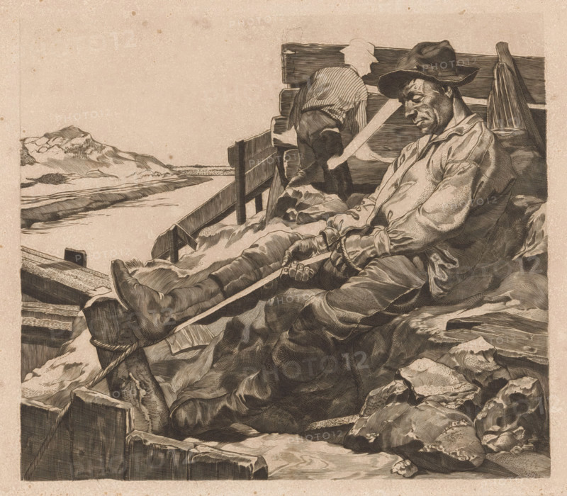 Two workers at a sand quarry, print, Two men in work clothes and with hats. In the foreground, a man is wrapping a rope around a post by pushing off against the post with his foot. In the background, a sand dune, a canal, and a wooden fence, where the other man is standing., printmaker: Johannes Josephus Aarts, 1902, inorganic material, paper, pencil, chalk, engraving, intaglio printmaking technique, engraving and plate tone with corrections in pencil and black chalk, height 240 mm x width 295 mm, tools, aids, implements, crafts and industries: rope, working class, labourers, A detailed monochrome etching shows a man wearing a wide-brimmed hat and loose clothing reclining against wooden planks, his head tilted and eyes closed, with visible facial lines and stubble; his hands rest on his lap, one gripping a long stick that extends diagonally across the image. Behind him another figure leans forward against the same wooden structure, wearing a striped shirt and a brimmed cap, seen from t...