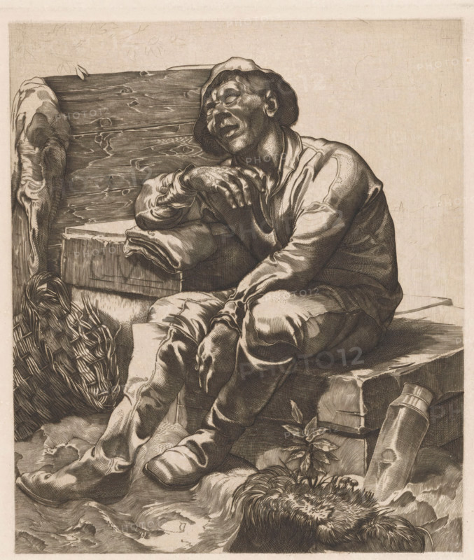 Resting polder boy (former title), Sleeping polder boy, print, A man in work clothes and with a hat, sitting and sleeping on a wooden bench. Top left a branch with leaves, bottom right a water bottle. On the right in the background a settlement with a church tower., printmaker: Johannes Josephus Aarts, 1881 - 1934, paper, engraving, intaglio printmaking technique, engraving and plate tone, height 255 mm x width 227 mm, working class, labourers, sleeping, unconsciousness - BB - out of doors, A seated man wearing a brimmed hat and loose clothing leans his head back with eyes closed and mouth slightly open, one arm draped over a folded cloth and the other resting across his lap; he sits against a plank of wood and a cloth-draped block, with a woven basket nearby, a cylindrical container lying on its side, and a tufted plant or fur at his feet, all rendered in dense engraved lines and tonal hatching.