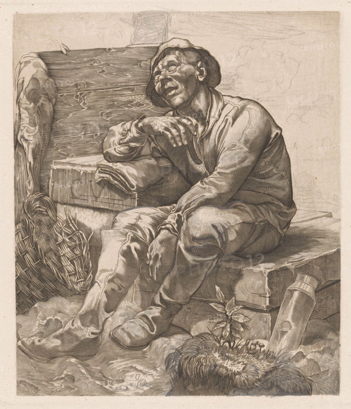 Resting polder boy (former title), Sleeping polder boy, print, A man in work clothes and with a hat, sitting and sleeping on a wooden bench. Top left a branch with leaves, bottom right a water bottle. On the right in the background a settlement with a church tower., annotation: 'wednesday-Friday: The Hague', printmaker: Johannes Josephus Aarts, 1881 - 1934, inorganic material, paper, pencil, chalk, engraving, intaglio printmaking technique, engraving and plate tone with corrections in pencil and black chalk, height 255 mm x width 227 mm, working class, labourers, sleeping, unconsciousness - BB - out of doors, A seated man wearing a loose shirt and a floppy hat leans against a rough wooden board with his eyes closed and mouth slightly open, one arm resting on a folded cloth on a box while his other hand hangs between his knees; woven baskets and a rolled object sit near his feet, a furry item lies on the ground in front, and textured wood, stones, and small plants fill the surrounding a...