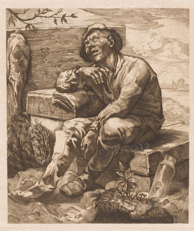 Sleeping polder boy, print, A man in work clothes and with a hat, sitting and sleeping on a wooden bench. Top left a branch with leaves, bottom right a water bottle. On the right in the background a settlement with a church tower., annotation: '2 prints on Japanese J paper: 1 brown and 1 black ink. slightly lighter in the shadow masses.', printmaker: Johannes Josephus Aarts, 1881 - 1934, inorganic material, paper, chalk, engraving, intaglio printmaking technique, engraving and plate tone with corrections in black chalk, height 255 mm x width 227 mm, working class, labourers, sleeping, unconsciousness - BB - out of doors, A seated man wearing a brimmed hat and loose clothing leans against a wooden plank, his head tilted back and mouth slightly open, one arm draped over a folded cloth on a box while the other rests across his knees; a woven basket sits nearby on the ground beside worn boots and a cylindrical container, with leafy plants and textured groundcloth around his feet, clouds an...