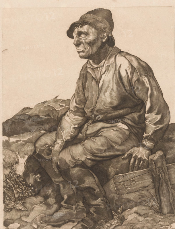 Resting laborer, Resting workman (former title), print, A laborer, dressed in overalls, hat, and boots, rests sitting down., annotation: 'voorstaat', printmaker: Johannes Josephus Aarts, 1881 - 1934, paper, pencil, engraving, intaglio printmaking technique, engraving and plate tone with corrections in pencil, proof print, height 268 mm x width 203 mm, working class, laborers, resting - BB - out of doors, A monochrome engraved image of an older man seated on rocky ground wearing a loose jacket and a rounded hat, his face shown in profile with deep lines and a somber expression, one hand resting on his knee and the other gripping a weathered wooden plank, folds and texture of his clothing rendered with fine crosshatching, rocks and sparse vegetation surrounding him and a plain background behind.