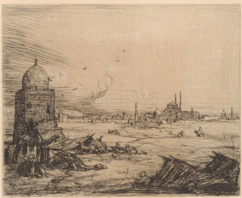 City view with mosques, print, A view of a city with various mosques. On the left in the foreground, figures with camels, resting by a tower., printmaker: Marius Bauer, 1877 - 1932, paper, etching, intaglio printmaking technique, etching with plate tone, height 136 mm x width 166 mm, temple, shrine, Islam, Mohammedanism, city-view, and landscape with man-made constructions, hoofed animals: camel, A sepia-toned etching shows a wide landscape with a large domed stone structure on the left foreground and a distant city skyline with domes and slender spires on the horizon. In the foreground near the left, a cloaked figure sits beside a camel, with other indistinct animals and reclining figures scattered nearby. Broken wooden beams or debris lie angled in the lower right foreground. Low vegetation and rough ground textures extend toward the middle distance where small groups of people and mounted riders appear. Wispy clouds and curved lines fill the sky above the scene, and fine cross-hatch...