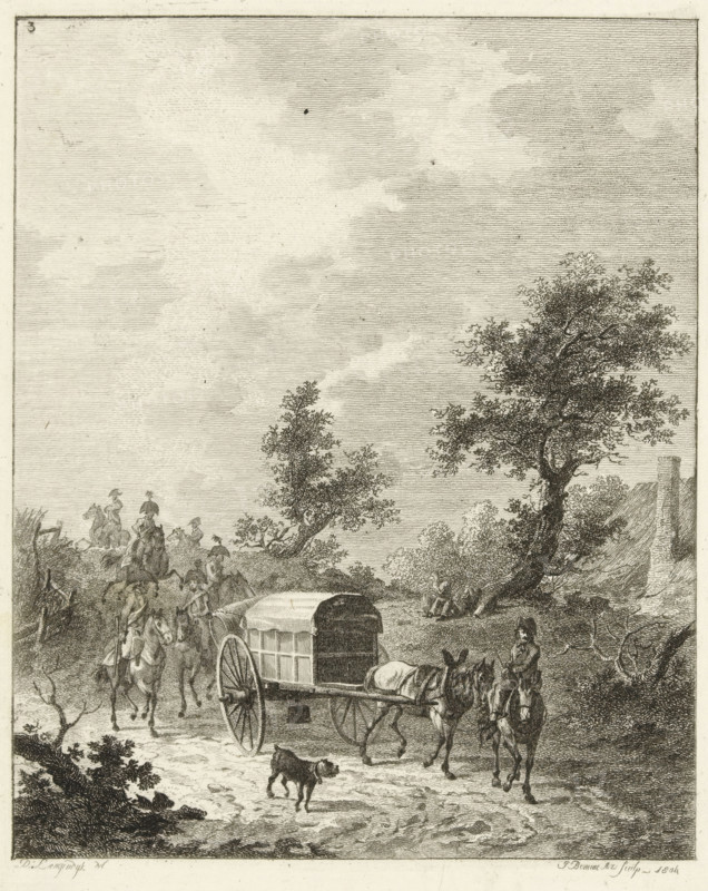 A group of soldiers on horseback, Six landscapes with soldier staff, print, Series number, 3, 6, A group of Napoleonic soldiers rides through a dune landscape. An ammunition wagon drives towards the first soldier., printmaker: Joannes Bemme, Rotterdam, after drawing by Dirk Langendijk, 1804, paper, etching, height 139 mm x width 110 mm, four-wheeled, animal-drawn vehicle, eg: cab, carriage, coach, warfare, military affairs (cavalry, horsemen), A detailed black and white etching shows a rural road scene with a covered cart pulled by two donkeys moving toward the viewer, a small dog walking in front of the cart, and a man standing beside the animals. To the left, riders on horseback and figures on foot travel along a raised embankment. A large, leafy tree with a twisted trunk rises on the right, and smaller trees and shrubbery dot the landscape. The sky is filled with fine horizontal lines suggesting cloud formations, and the foreground ground texture shows ruts and uneven terrain.