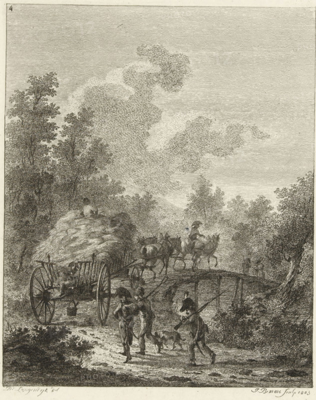 Hay wagon driving over a bridge, Six landscapes with soldier staff, print, Series number, 4, 6, A hay wagon drives over a bridge. Along the bank walk three Napoleonic soldiers with rifles and a dog., printmaker: Joannes Bemme, Rotterdam, after drawing by Dirk Langendijk, 1803, paper, etching, height 138 mm x width 110 mm, the soldier, the soldier's life, hay-wagon, A detailed monochrome etching shows a rural scene with a large wagon piled high with hay drawn by animals and crossing a wooden bridge, trees and foliage framing the path, clouds filling the sky, a seated figure atop the hay, several people walking along the road including one carrying another on their shoulders and another holding a long pole, a dog at the feet of the walkers, and a mounted driver guiding the animals over the bridge.